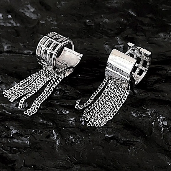 Sterling Silver Chain Tassel Fringe Punk Earrings - Picture 6 of 6